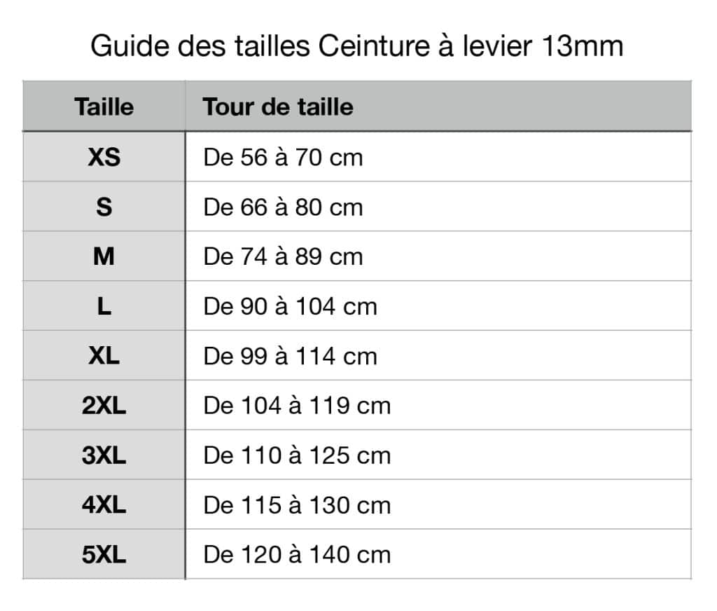 Guía de tallas cinturón palanca 13mm - cinturón de musculación - Warrior Gear