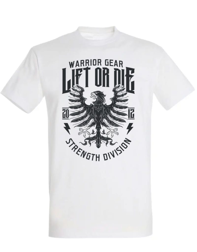 camiseta blanca warrior gear águila - camiseta powerlifting - camiseta de gimnasio - camiseta strongman - camiseta bodybuilding - camiseta lift or die de águila - strength division