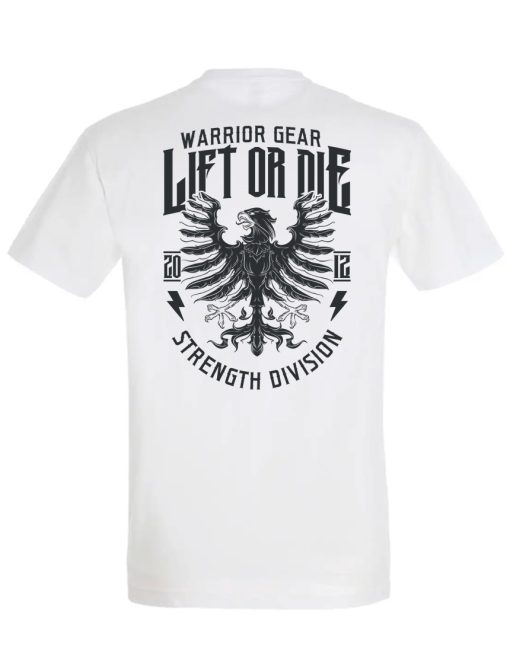 camiseta blanca warrior gear águila - camiseta powerlifting - camiseta de gimnasio - camiseta strongman - camiseta bodybuilding - camiseta lift or die de águila - strength division