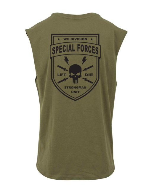 Camiseta verde militar de fuerza especial strongman de gimnasio sin mangas - warrior gear