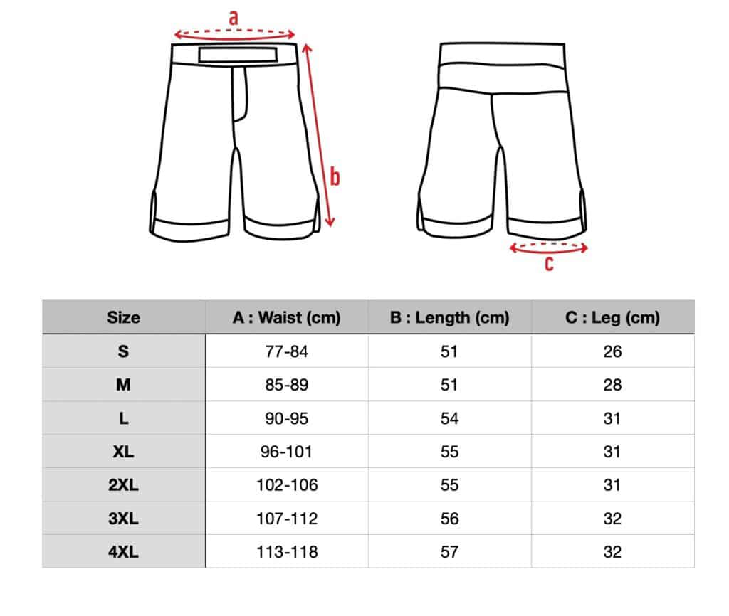 guía de tallas corta Warrior Gear - Short de gimnasio - Short de fitness - Powerlifting - Short Strongman - Short Bodybuilding